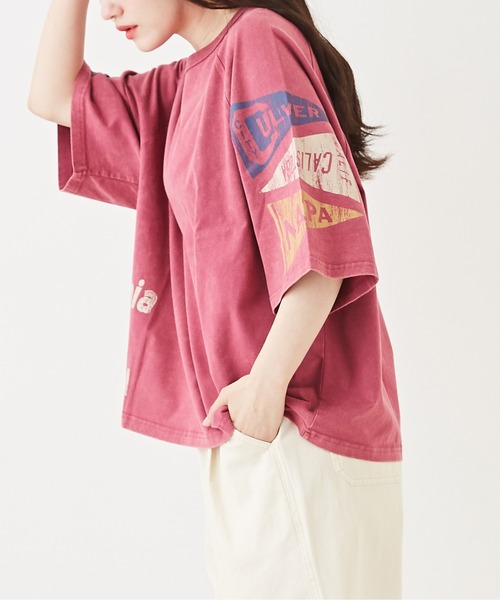 CUBE SUGAR(キューブシュガー)の「パウダー加工カットソー7分袖ラグランビッグTシャツ(Tシャツ/カットソー・レディース・ピンク/マルチ/グリーン/ホワイト/スミクロ・M)」の4枚目の写真