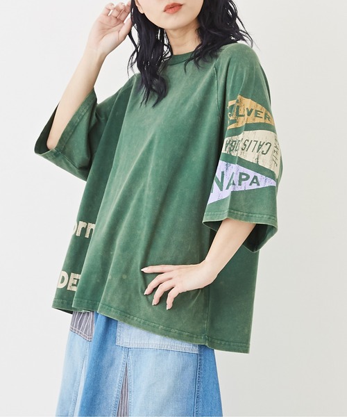 CUBE SUGAR(キューブシュガー)の「パウダー加工カットソー7分袖ラグランビッグTシャツ(Tシャツ/カットソー・レディース・ピンク/マルチ/グリーン/ホワイト/スミクロ・M)」の3枚目の写真