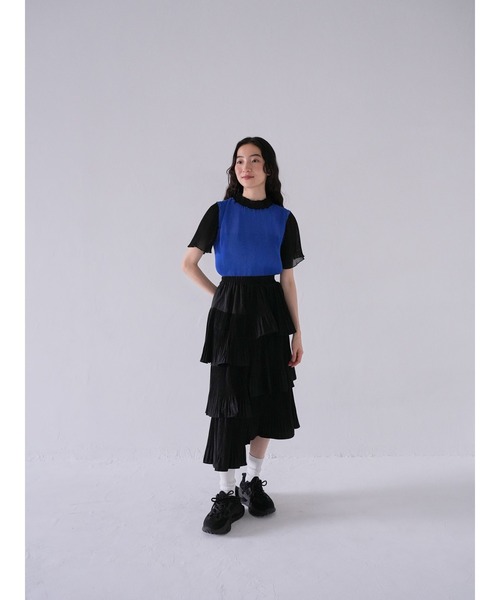 Uenui（ウニュイ）の「メロウ プリーツ バイカラー トップス 半袖 ハイネック カットソー ツートーン（Tシャツ/カットソー・レディース・グリーン/ブルー・FREE）」の17枚目の写真