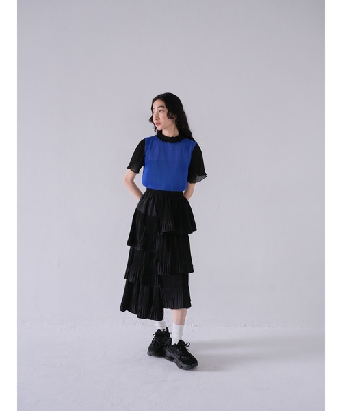 Uenui（ウニュイ）の「メロウ プリーツ バイカラー トップス 半袖 ハイネック カットソー ツートーン（Tシャツ/カットソー・レディース・グリーン/ブルー・FREE）」の18枚目の写真