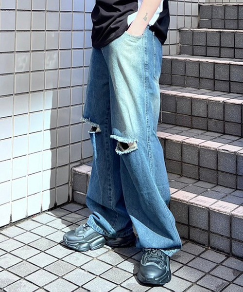 menes JHYQ ストレート ダメージ デニム バギー JHYQ Vintage Baggy Fit Jeans – MENES