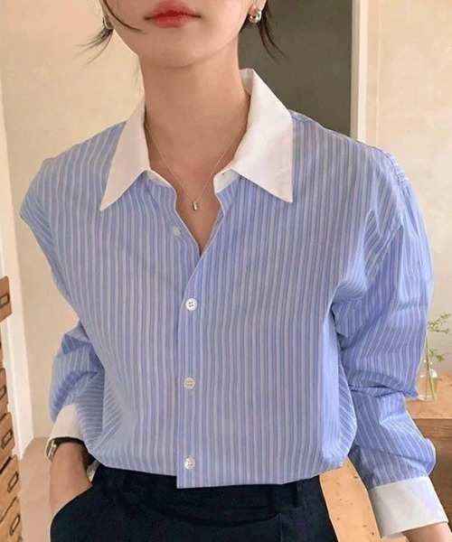 LADY LIKE（レディライク）の「マルチストライプクレリックシャツ（シャツ/ブラウス・レディース・ブルー・M）」の3枚目の写真