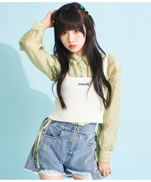 裾ギャザーリボンクロップド丈シアーシャツ