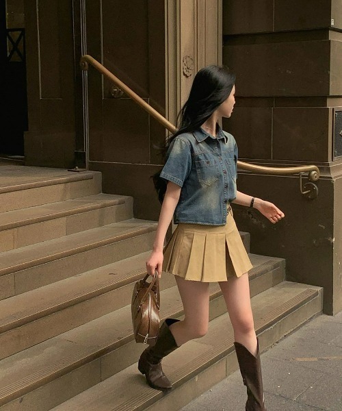 BEIDELLI（ベイデリー）の「[BELLIDE MADE] 半袖ver. ビンテージクロップドデニムシャツ（シャツ/ブラウス・レディース・ダークグレー/ダークブルー・FREE）」の14枚目の写真