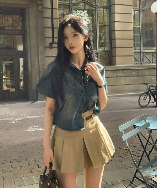 BEIDELLI（ベイデリー）の「[BELLIDE MADE] 半袖ver. ビンテージクロップドデニムシャツ（シャツ/ブラウス・レディース・ダークグレー/ダークブルー・FREE）」の11枚目の写真