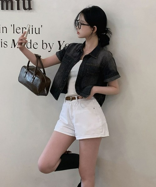 BEIDELLI（ベイデリー）の「[BELLIDE MADE] 半袖ver. ビンテージクロップドデニムシャツ（シャツ/ブラウス・レディース・ダークグレー/ダークブルー・FREE）」の8枚目の写真