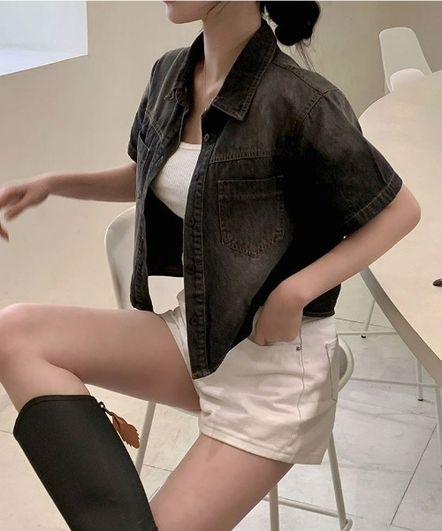 BEIDELLI（ベイデリー）の「[BELLIDE MADE] 半袖ver. ビンテージクロップドデニムシャツ（シャツ/ブラウス・レディース・ダークグレー/ダークブルー・FREE）」の9枚目の写真