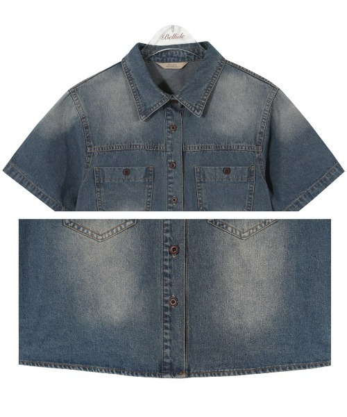 BEIDELLI（ベイデリー）の「[BELLIDE MADE] 半袖ver. ビンテージクロップドデニムシャツ（シャツ/ブラウス・レディース・ダークグレー/ダークブルー・FREE）」の21枚目の写真