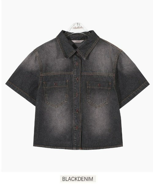 BEIDELLI（ベイデリー）の「[BELLIDE MADE] 半袖ver. ビンテージクロップドデニムシャツ（シャツ/ブラウス・レディース・ダークグレー/ダークブルー・FREE）」の18枚目の写真