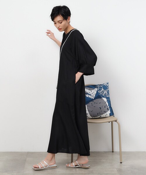 OPAQUE.CLIP（オペークドットクリップ）の「◆キーネックワンピース レーヨン/麻【洗える】（ワンピース・レディース・ブラック/ピンク系/ベージュ・38/40/42）」の6枚目の写真