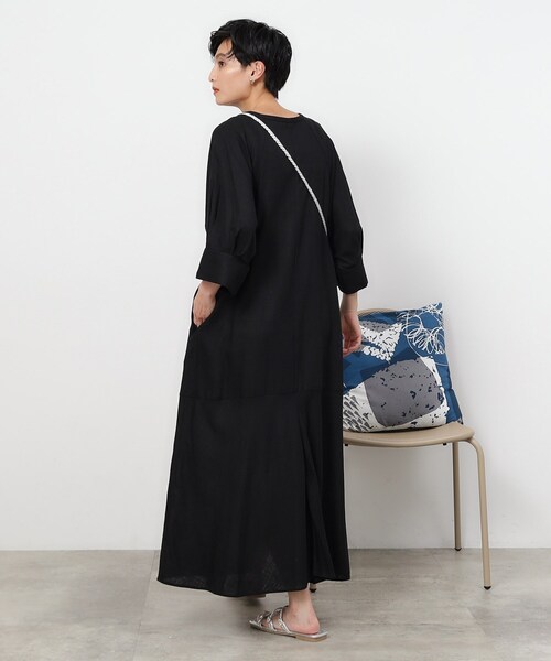 OPAQUE.CLIP（オペークドットクリップ）の「◆キーネックワンピース レーヨン/麻【洗える】（ワンピース・レディース・ブラック/ピンク系/ベージュ・38/40/42）」の7枚目の写真