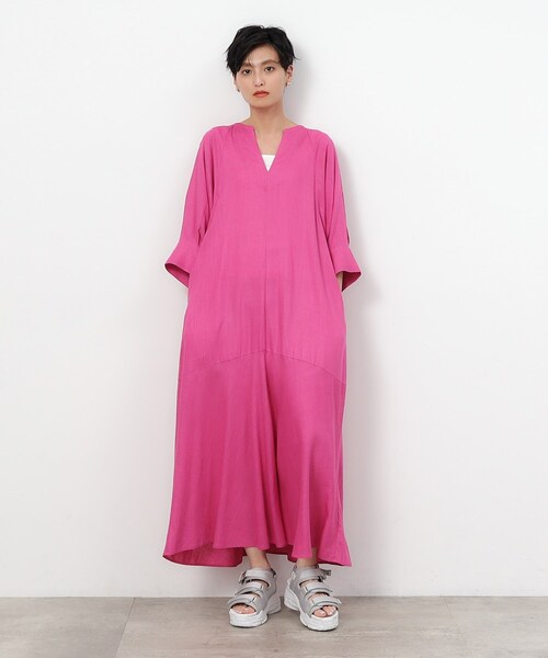 OPAQUE.CLIP（オペークドットクリップ）の「◆キーネックワンピース レーヨン/麻【洗える】（ワンピース・レディース・ブラック/ピンク系/ベージュ・38/40/42）」の13枚目の写真