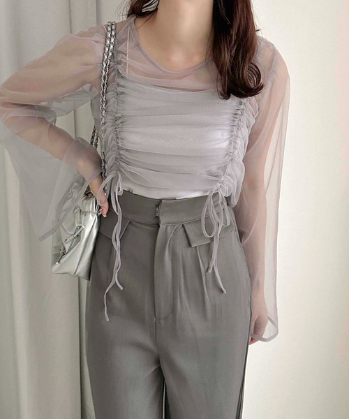 apres jour clair(アプレジュールクレア)の「【apres jour clair】チュールドロストトップス【ZOZOTOWN限定アイテム】(シャツ/ブラウス・レディース・アイボリー/ピンクベージュ/チャコールグレー/ライトグレー・フリー/X-LARGE)」の2枚目の写真