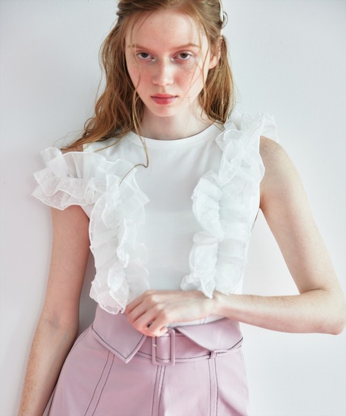 REDYAZEL（レディアゼル）の「2WAYフリルトップス（Tシャツ/カットソー・レディース・オフホワイト/ライトグレー/ブラック・FREE）」の2枚目の写真