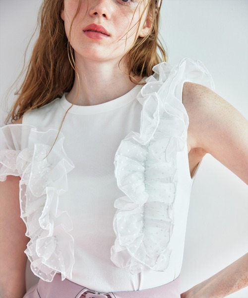 REDYAZEL（レディアゼル）の「2WAYフリルトップス（Tシャツ/カットソー・レディース・オフホワイト/ライトグレー/ブラック・FREE）」の9枚目の写真