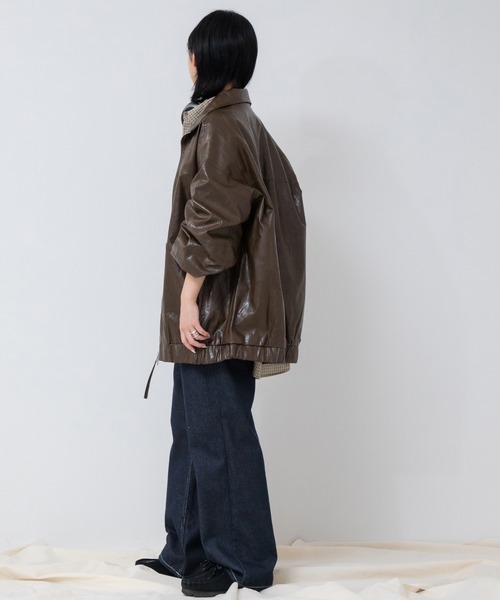セール】ヴィンテージライクフェイクレザースタンドブルゾン/ レザー