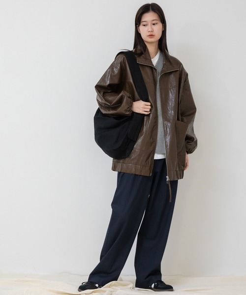 セール】ヴィンテージライクフェイクレザースタンドブルゾン/ レザー