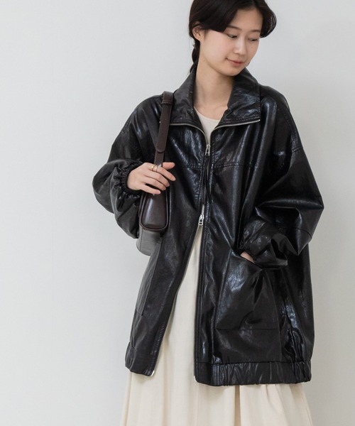 セール】ヴィンテージライクフェイクレザースタンドブルゾン/ レザー