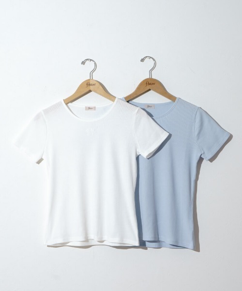 flower(フラワー)の「リボンエンブロイダリーティーズ(Tシャツ/カットソー・レディース・ブルー/ホワイト・FREE)」の3枚目の写真