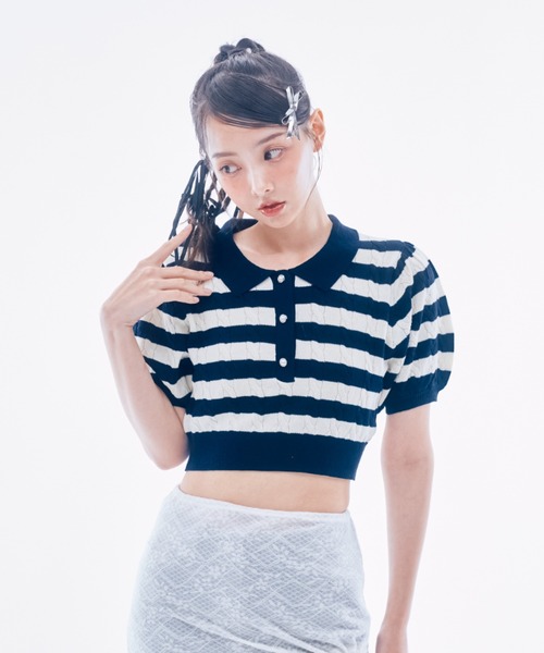 INTER FACTORY(インターファクトリー)の「IONA - ボーダーニットポロ made in INTER FACTORY(ポロシャツ・レディース・ピンク/ネイビー・FREE)」の2枚目の写真