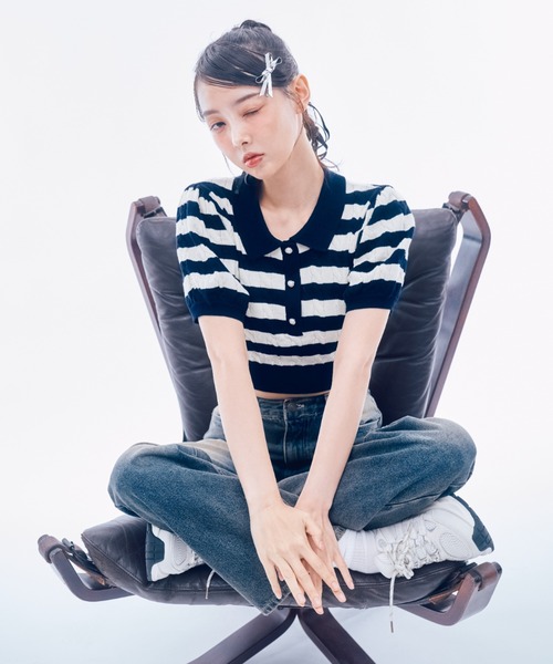 INTER FACTORY(インターファクトリー)の「IONA - ボーダーニットポロ made in INTER FACTORY(ポロシャツ・レディース・ピンク/ネイビー・FREE)」の15枚目の写真