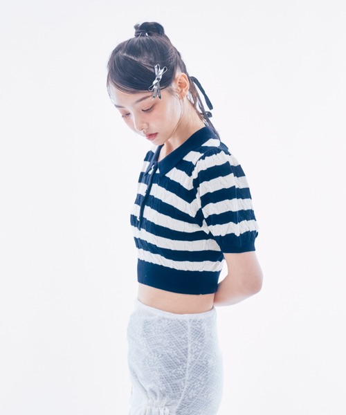 INTER FACTORY(インターファクトリー)の「IONA - ボーダーニットポロ made in INTER FACTORY(ポロシャツ・レディース・ピンク/ネイビー・FREE)」の6枚目の写真