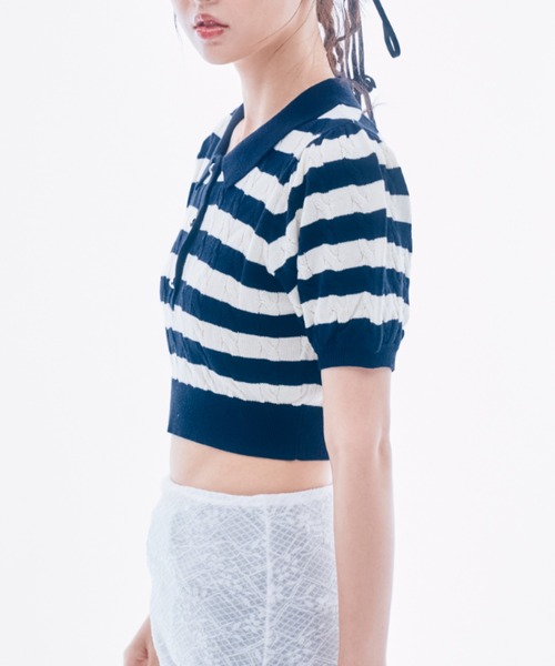 INTER FACTORY(インターファクトリー)の「IONA - ボーダーニットポロ made in INTER FACTORY(ポロシャツ・レディース・ピンク/ネイビー・FREE)」の7枚目の写真