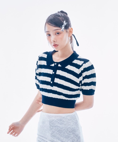 INTER FACTORY(インターファクトリー)の「IONA - ボーダーニットポロ made in INTER FACTORY(ポロシャツ・レディース・ピンク/ネイビー・FREE)」の3枚目の写真