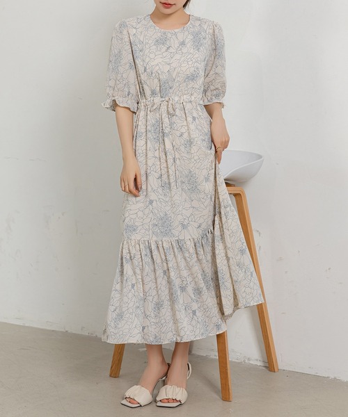 DAY CLOSET(デイ クローゼット)の「レディース ボタニカル柄ふんわりパフスリウエストリボンティアードワンピース(ワンピース・レディース・アイボリー・S/M/L/XL)」の5枚目の写真