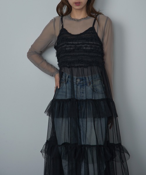 MAISON BREEZE reveur（メゾンブリーズレヴール）の「【MAISON BREEZE reveur】Tulle tiered lace camisole one-piece（ワンピース・レディース・アイボリー/ブラック・FREE）」の15枚目の写真