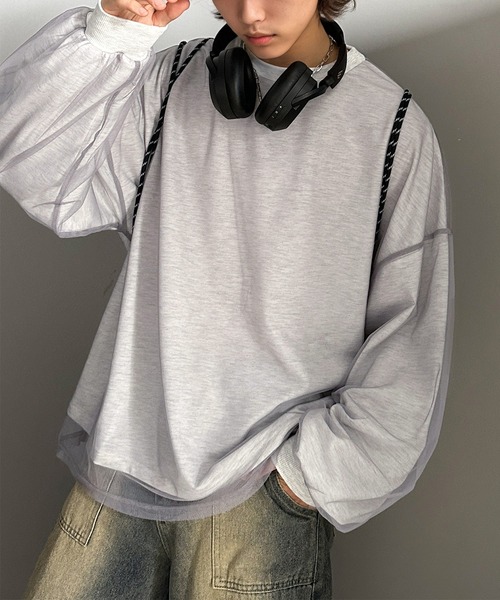 Java（ジャバ）の「《JaVa ジャバコラボ》重ね上手は、おめかし上手。チュール レイヤード バックプリント ミニ 裏毛 長袖 ロンT（Tシャツ/カットソー・レディース・オートミール/チャコール/ベージュ・SMALL/MEDIUM/LARGE/X-LARGE）」の5枚目の写真