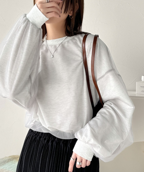 Java（ジャバ）の「《JaVa ジャバコラボ》重ね上手は、おめかし上手。チュール レイヤード バックプリント ミニ 裏毛 長袖 ロンT（Tシャツ/カットソー・レディース・オートミール/チャコール/ベージュ・SMALL/MEDIUM/LARGE/X-LARGE）」の11枚目の写真