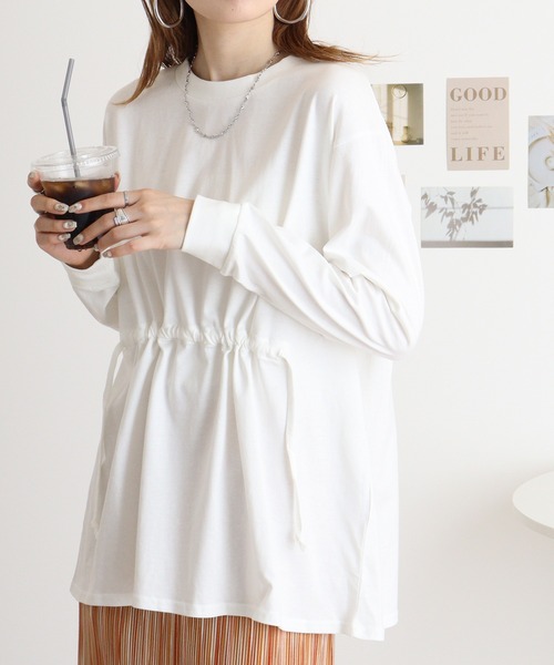 atONE(アットワン)の「atONE ドローストリングウエストコットンカットソー(Tシャツ/カットソー・レディース・チャコールグレー/オフホワイト/ブラック・M-L/4L~5L/LL~3L)」の1枚目の写真