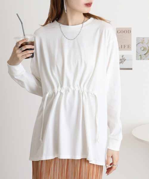 atONE(アットワン)の「atONE ドローストリングウエストコットンカットソー(Tシャツ/カットソー・レディース・チャコールグレー/オフホワイト/ブラック・M-L/4L~5L/LL~3L)」の5枚目の写真