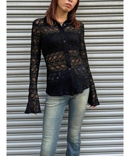 EGOIST（エゴイスト）の「フレアスリーブスリムレースシャツ（シャツ/ブラウス・レディース・ブラック/カーキ・FREE）」の3枚目の写真