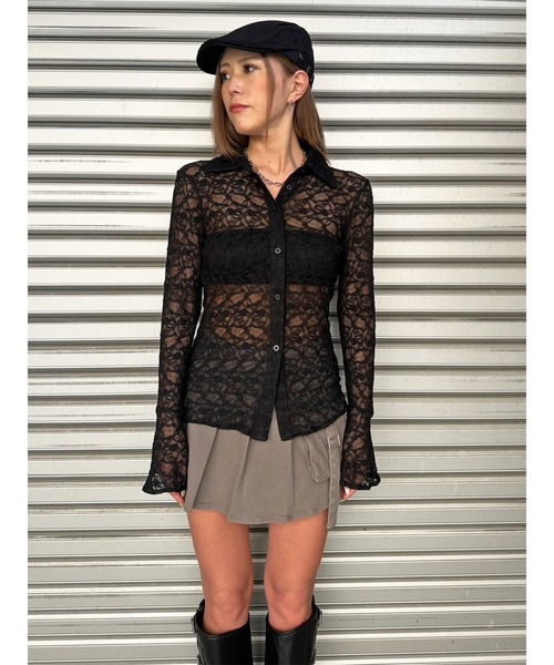 EGOIST（エゴイスト）の「フレアスリーブスリムレースシャツ（シャツ/ブラウス・レディース・ブラック/カーキ・FREE）」の4枚目の写真