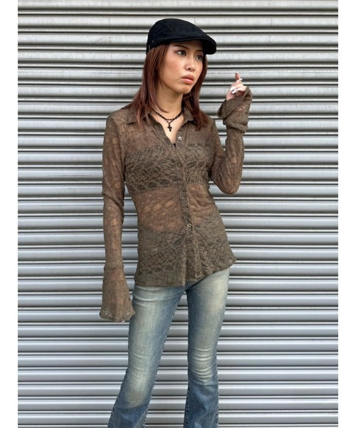 EGOIST（エゴイスト）の「フレアスリーブスリムレースシャツ（シャツ/ブラウス・レディース・ブラック/カーキ・FREE）」の11枚目の写真