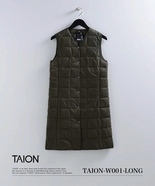 TAION(タイオン)の「【TAION(タイオン)】〈ウィメンズ〉ベーシック Vネック ロングダウンベスト(ダウンベスト・レディース・ダークオリーブ/オレンジ/ネイビー/オフホワイト/サンドベージュ/カーキ/ブラック/ベージュ/チャコール・XL/L/M/S)」の7枚目の写真