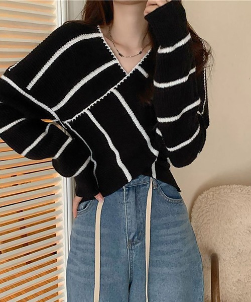 NinaetLina（ニナエリナ）の「クロスニットトップス カシュクール風（ニット/セーター・レディース・ホワイト/ブラック・FREE）」の6枚目の写真