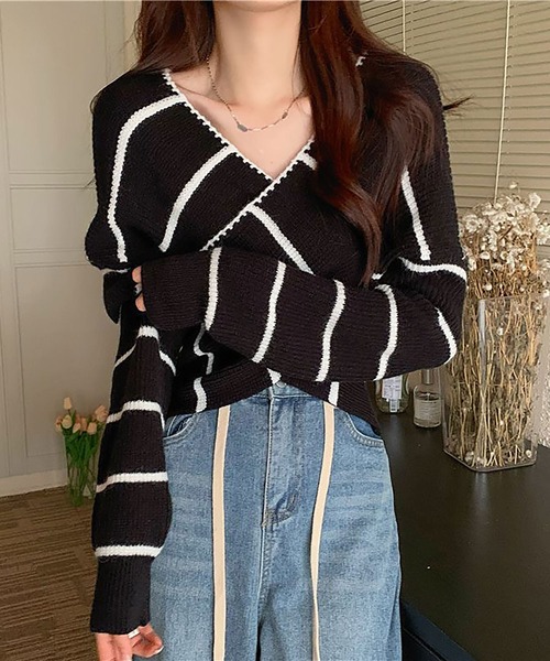 NinaetLina（ニナエリナ）の「クロスニットトップス カシュクール風（ニット/セーター・レディース・ホワイト/ブラック・FREE）」の7枚目の写真