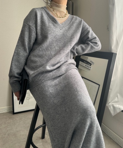 セール】Vネックニット＋ニットスカート/ニットセットアップ