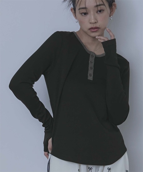 miette(ミエット)の「ヘンリーネックリブトップス(Tシャツ/カットソー・レディース・グレー/ホワイト/ブラック・FREE)」の3枚目の写真
