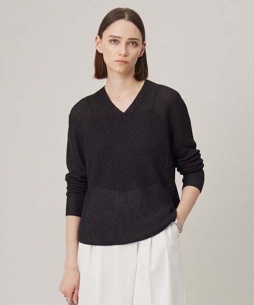 【洗える】 ペーパーブレンドシャインニット Vネックプルオーバー