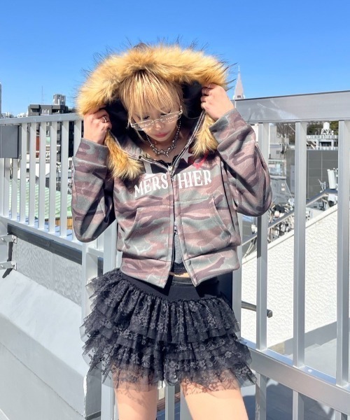 セール】【Never mind the XU】camouflage fur hood zipup hoodie