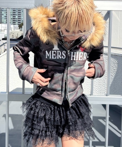 セール】【Never mind the XU】camouflage fur hood zipup hoodie