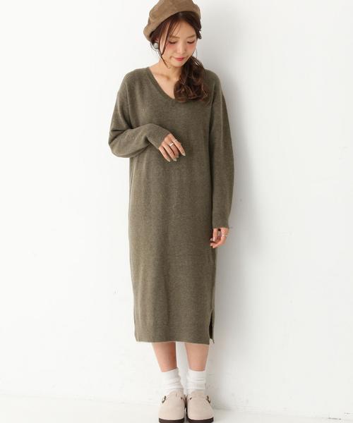 Another Edition（アナザーエディション）の「Vネックハイゲージワンピース/ AEFC V/N HGG OP（ワンピース・レディース・ベージュ/オリーブ/ネイビー・フリー）」の2枚目の写真