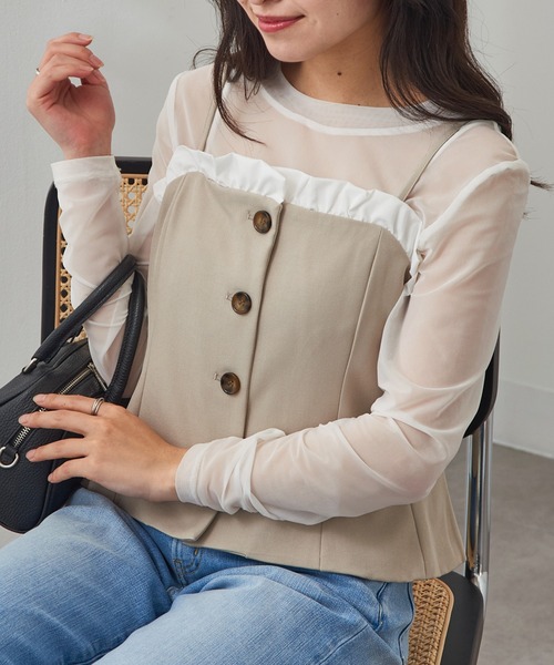 MAGASIN DE MODE Chou Chou（マガジンデモードシュシュ）の「【MAGASIN DE MODE Chou Chou】リネンタッチ×T/Cブロード フリル付きビスチェ XNN（キャミソール・レディース・グレー/ブラック/ライトベージュ・FREE）」の21枚目の写真