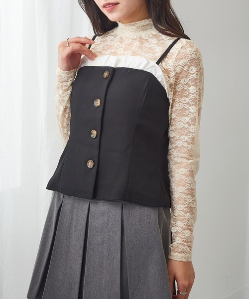 MAGASIN DE MODE Chou Chou（マガジンデモードシュシュ）の「【MAGASIN DE MODE Chou Chou】リネンタッチ×T/Cブロード フリル付きビスチェ XNN（キャミソール・レディース・グレー/ブラック/ライトベージュ・FREE）」の6枚目の写真