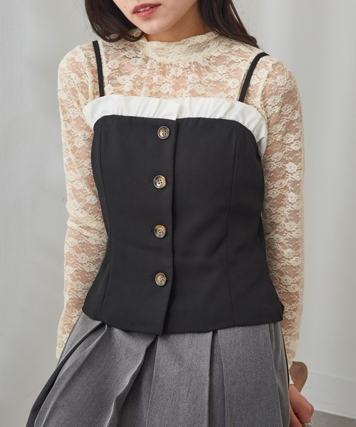 MAGASIN DE MODE Chou Chou（マガジンデモードシュシュ）の「【MAGASIN DE MODE Chou Chou】リネンタッチ×T/Cブロード フリル付きビスチェ XNN（キャミソール・レディース・グレー/ブラック/ライトベージュ・FREE）」の5枚目の写真