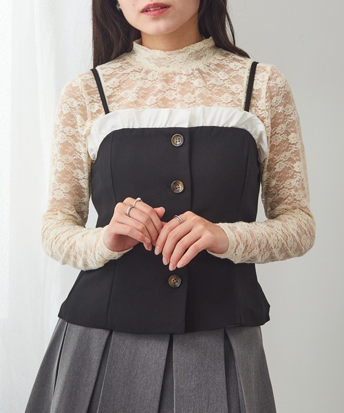 MAGASIN DE MODE Chou Chou（マガジンデモードシュシュ）の「【MAGASIN DE MODE Chou Chou】リネンタッチ×T/Cブロード フリル付きビスチェ XNN（キャミソール・レディース・グレー/ブラック/ライトベージュ・FREE）」の14枚目の写真